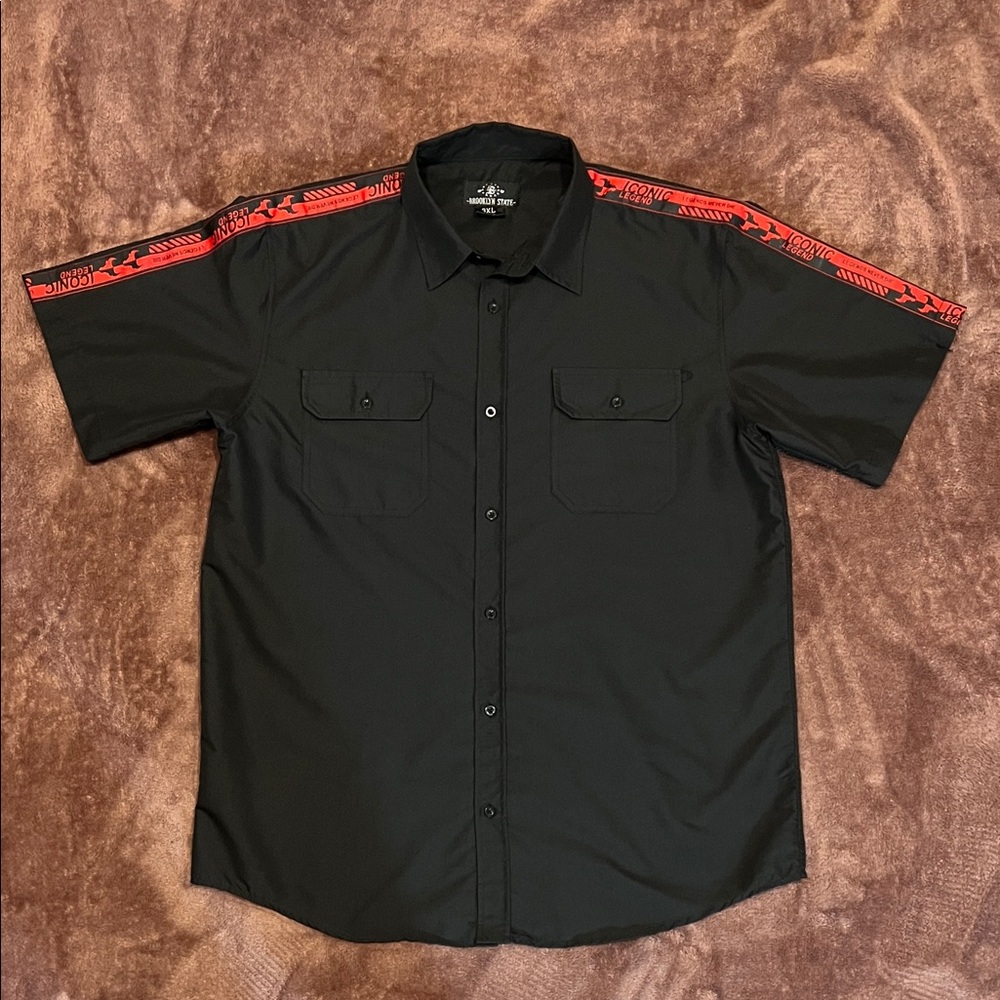 Brooklyn State Black Short Sleeve Button Shirt with “Iconic Legends” Red Accents